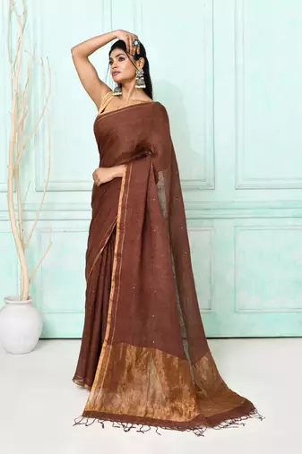 brown handloom linen sequin saree with blouse