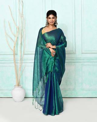 green blue dual tone organic tissue saree with blouse piece 1