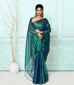 green blue dual tone organic tissue saree with blouse piece