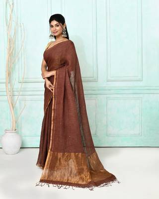brown handloom linen sequin saree with blouse 3
