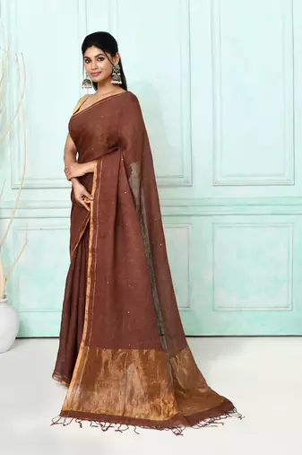 brown handloom linen sequin saree with blouse
