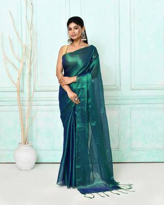 green blue dual tone organic tissue saree with blouse piece 2