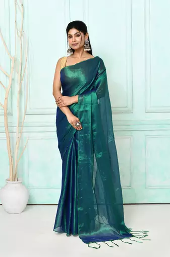 green blue dual tone organic tissue saree with blouse piece