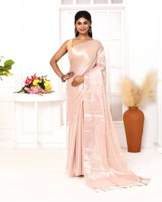 peach organic tissue saree with blouse piece 1