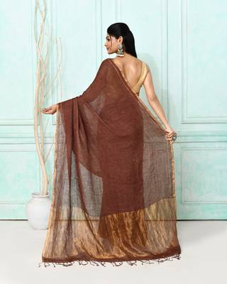 brown handloom linen sequin saree with blouse 4