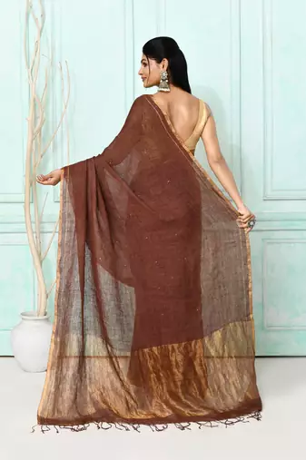 brown handloom linen sequin saree with blouse