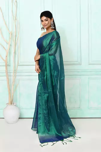green blue dual tone organic tissue saree with blouse piece