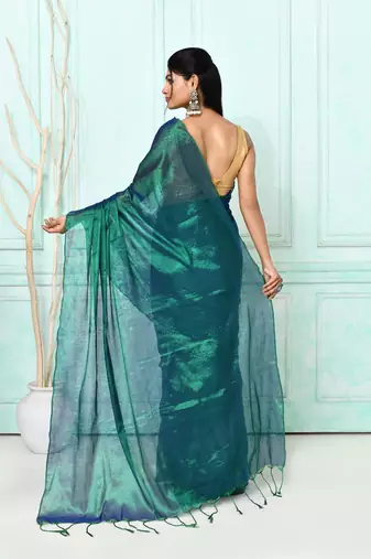 green blue dual tone organic tissue saree with blouse piece