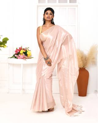 peach organic tissue saree with blouse piece 3