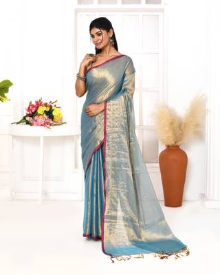 copper blue dual tone organic tissue saree with blouse piece 1