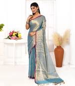 copper blue dual tone organic tissue saree with blouse piece