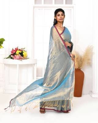 copper blue dual tone organic tissue saree with blouse piece 2