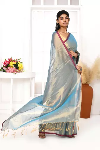 copper blue dual tone organic tissue saree with blouse piece