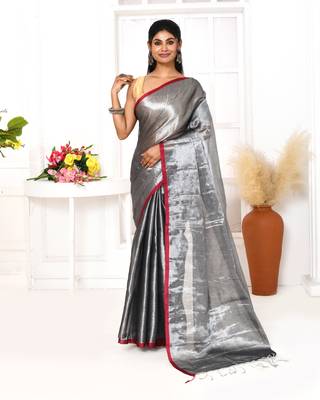silver grey dual tone organic tissue saree with blouse piece 1