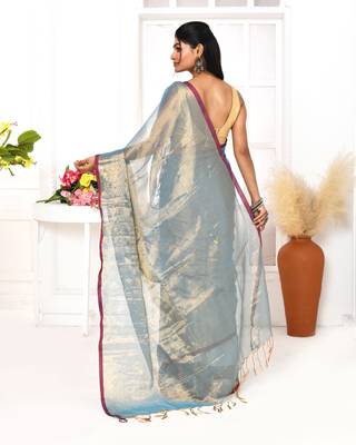 copper blue dual tone organic tissue saree with blouse piece 3