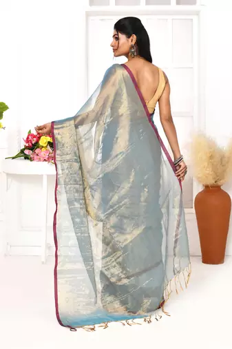 copper blue dual tone organic tissue saree with blouse piece