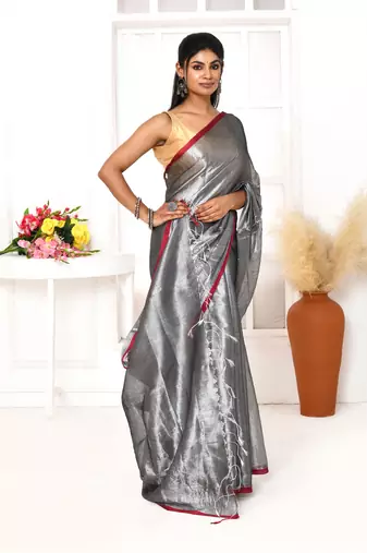 silver grey dual tone organic tissue saree with blouse piece
