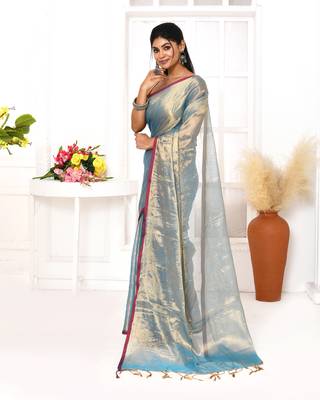 copper blue dual tone organic tissue saree with blouse piece 4