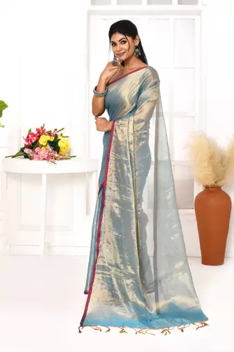 copper blue dual tone organic tissue saree with blouse piece