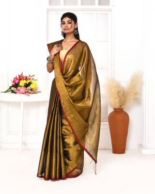 gold dual tone organic tissue saree with blouse piece 2