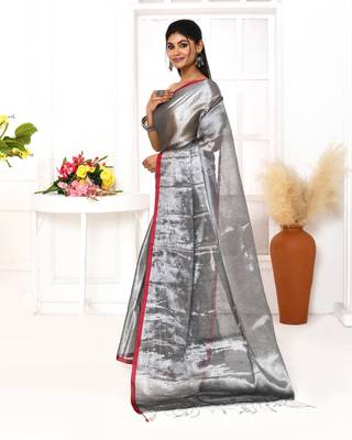 silver grey dual tone organic tissue saree with blouse piece 3