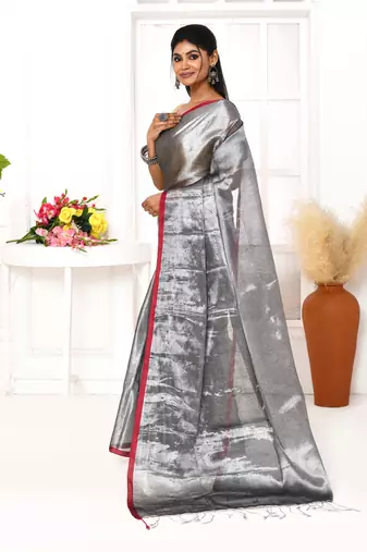 silver grey dual tone organic tissue saree with blouse piece