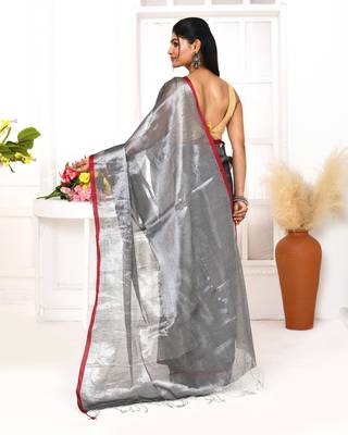 silver grey dual tone organic tissue saree with blouse piece 4