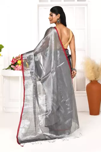 silver grey dual tone organic tissue saree with blouse piece
