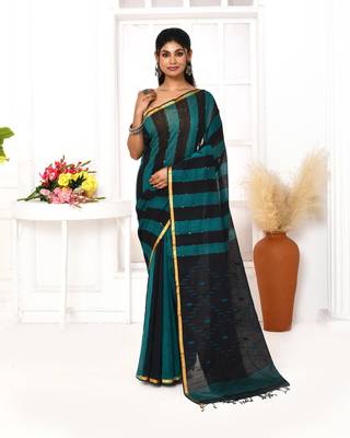 black blue cotton handloom jamdani saree with blouse 1