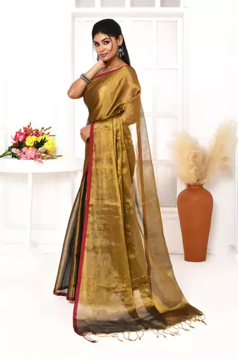gold dual tone organic tissue saree with blouse piece