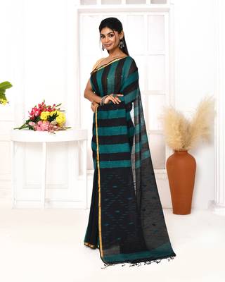 black blue cotton handloom jamdani saree with blouse 2