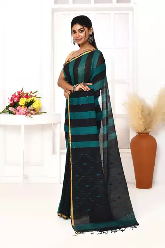 black blue cotton handloom jamdani saree with blouse