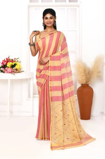 red tangerine cotton handloom jamdani saree with blouse