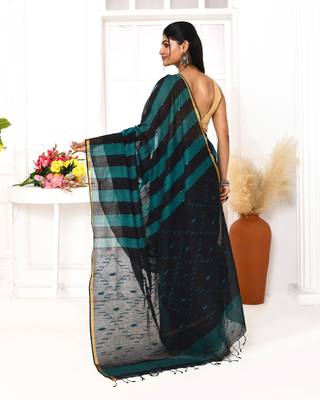 black blue cotton handloom jamdani saree with blouse 3