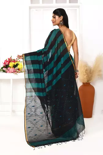 black blue cotton handloom jamdani saree with blouse