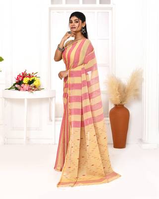 red tangerine cotton handloom jamdani saree with blouse 3