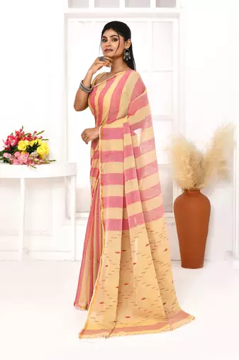 red tangerine cotton handloom jamdani saree with blouse