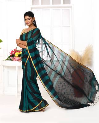 black blue cotton handloom jamdani saree with blouse 4