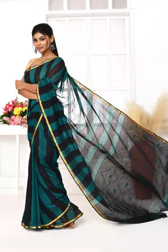black blue cotton handloom jamdani saree with blouse