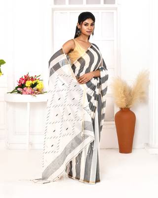 grey white cotton handloom jamdani saree with blouse 2