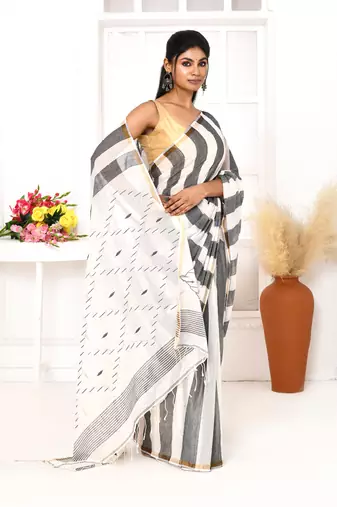 grey white cotton handloom jamdani saree with blouse