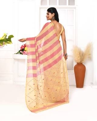 red tangerine cotton handloom jamdani saree with blouse 4