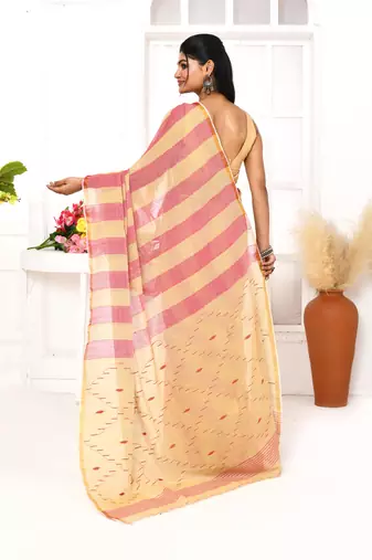 red tangerine cotton handloom jamdani saree with blouse