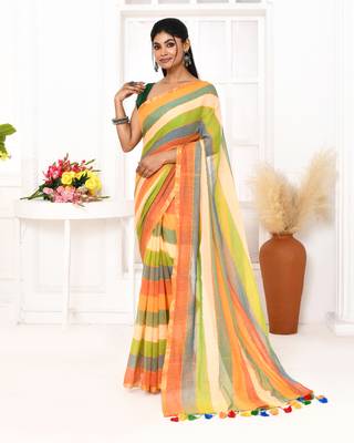 Multi color striped mulmul cotton saree with tassels 1
