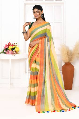 Multi color striped mulmul cotton saree with tassels