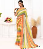 Multi color striped mulmul cotton saree with tassels