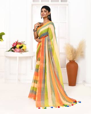 Multi color striped mulmul cotton saree with tassels 2