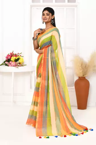 Multi color striped mulmul cotton saree with tassels