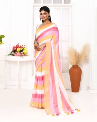 Pink striped mulmul cotton saree with tassels 1