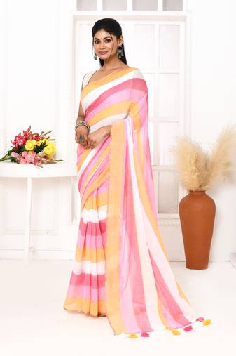 Pink striped mulmul cotton saree with tassels